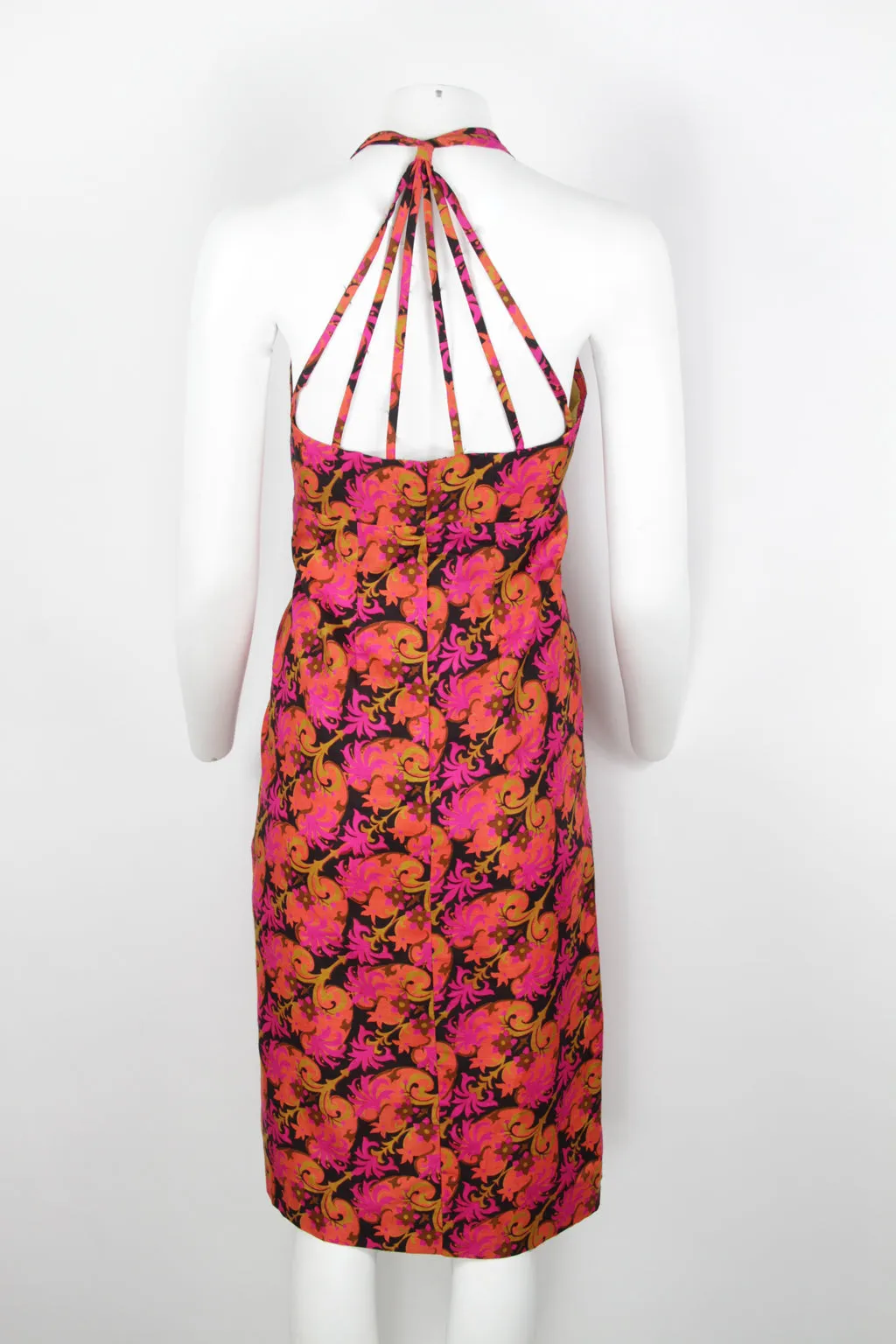 60s orange and pink patterned strappy dress - S/M