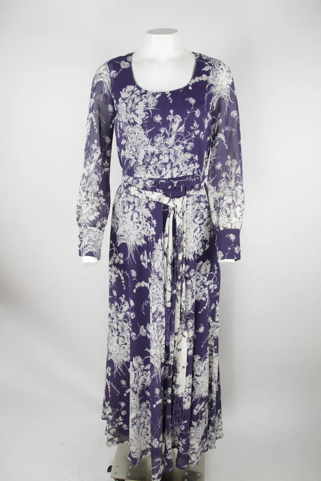 70s long sleeve maxi dress - Blue and white floral pattern - S