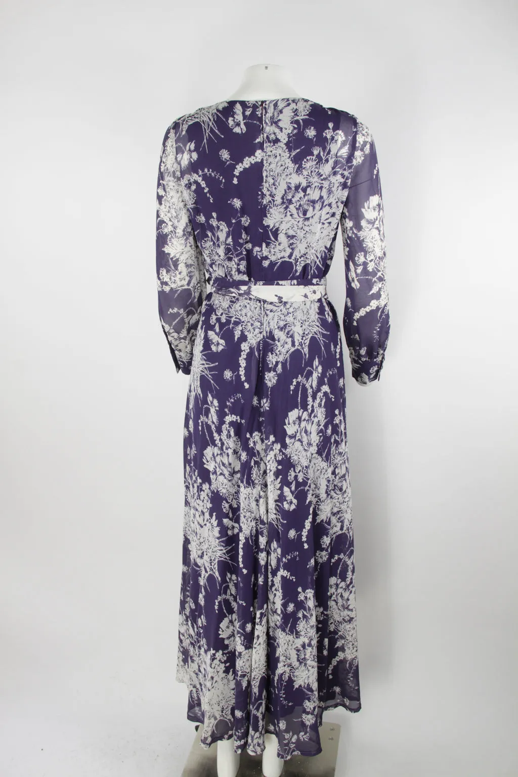 70s long sleeve maxi dress - Blue and white floral pattern - S