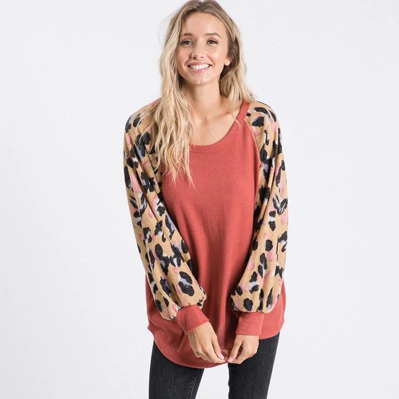 Anna Leopard Sleeve Oversized Top Mauve