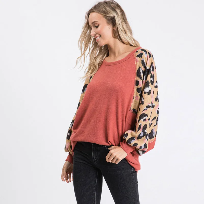 Anna Leopard Sleeve Oversized Top Mauve