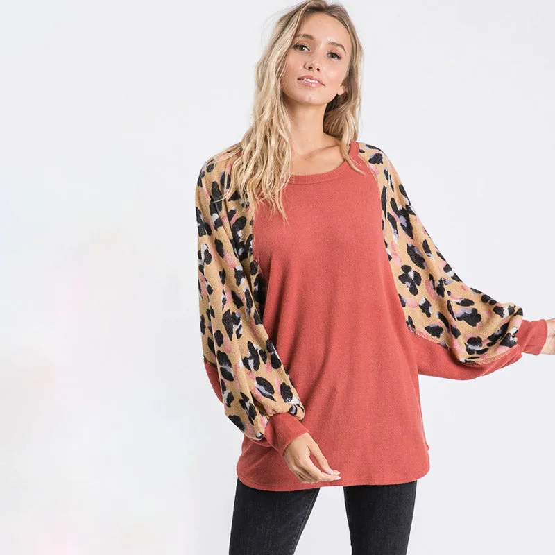 Anna Leopard Sleeve Oversized Top Mauve