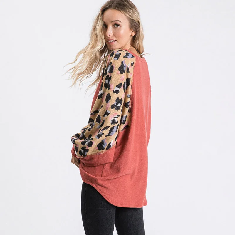 Anna Leopard Sleeve Oversized Top Mauve