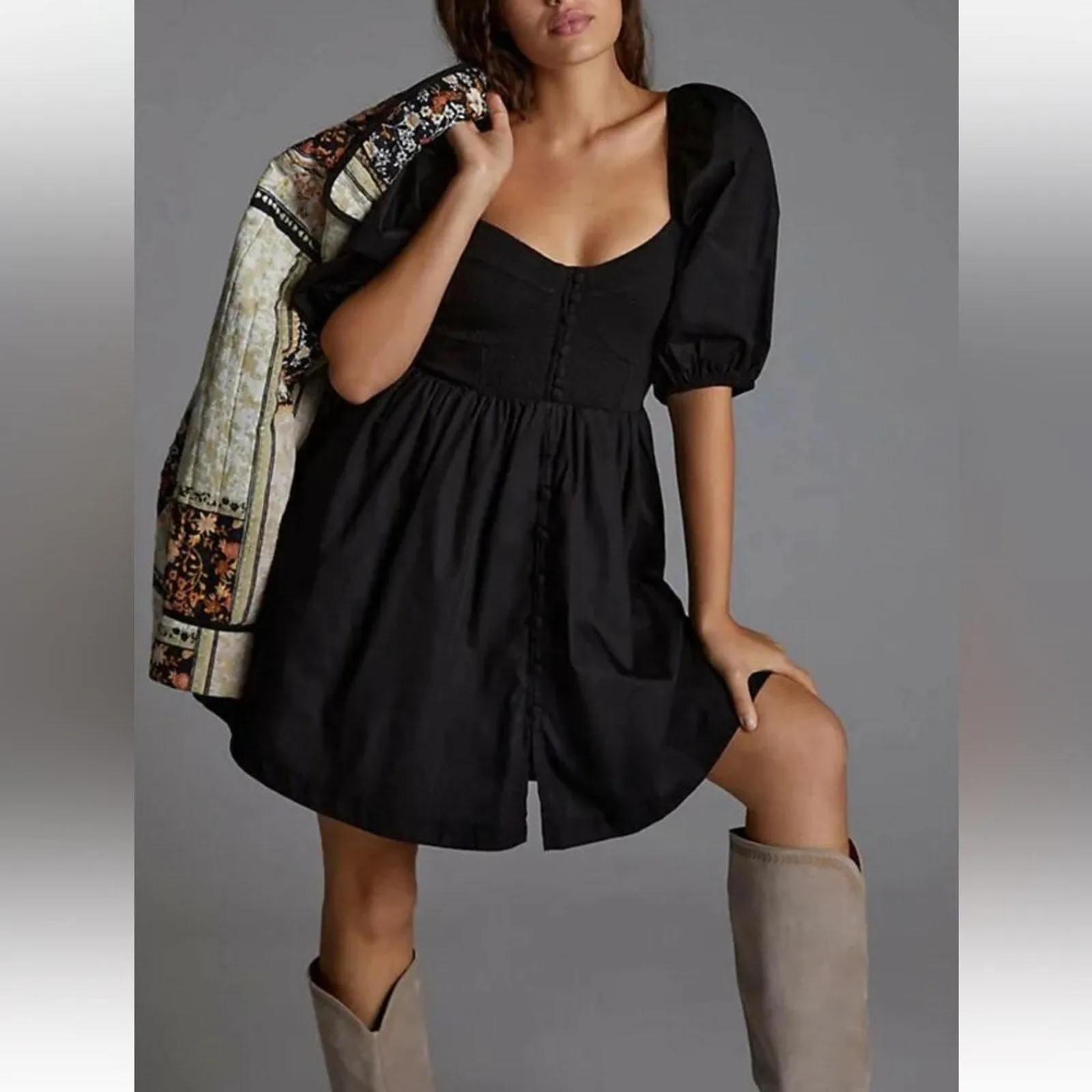 Anthropologie Maeve Sweetheart Puff Sleeve Babydoll Mini Dress (XS) - (Small)