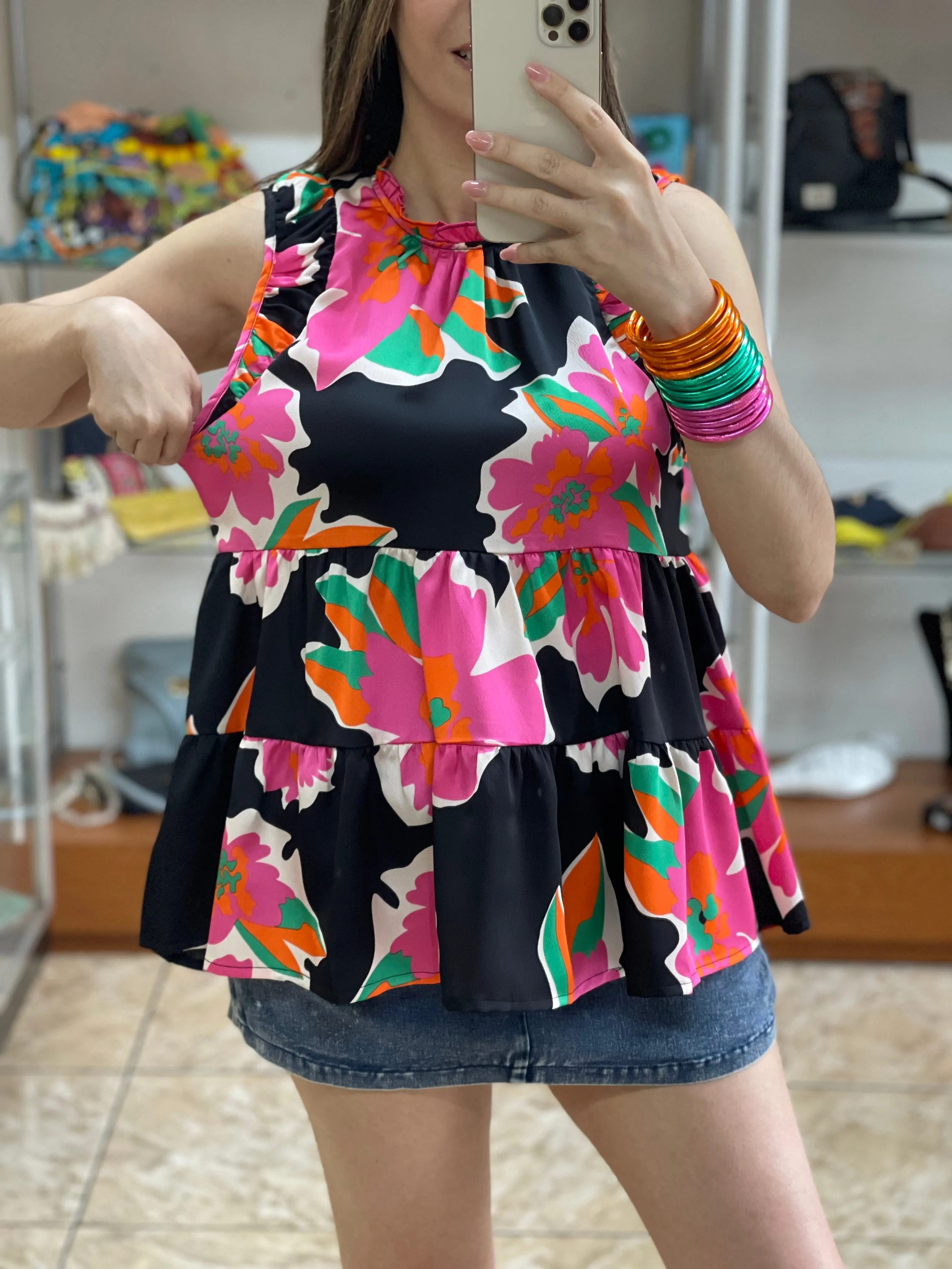 Black/Pink Floral Top