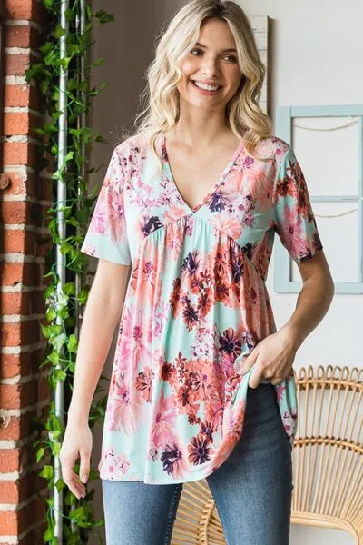 Blue Zone Planet |  Heimish Full Size Floral V-Neck Short Sleeve Babydoll Blouse