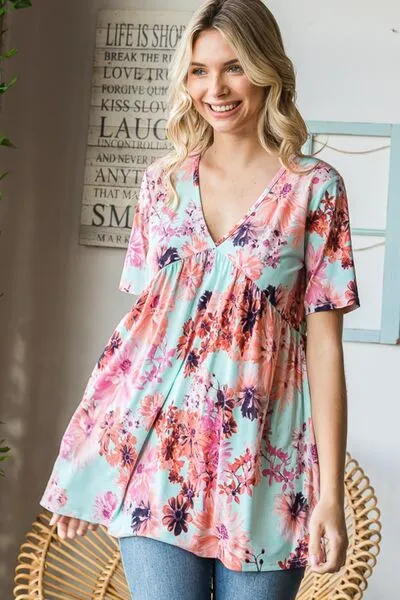 Blue Zone Planet |  Heimish Full Size Floral V-Neck Short Sleeve Babydoll Blouse