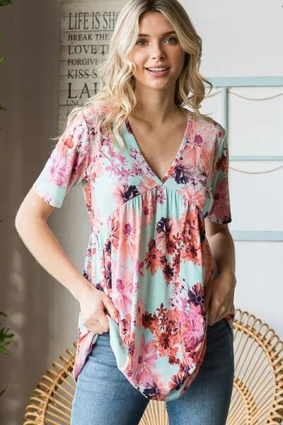Blue Zone Planet |  Heimish Full Size Floral V-Neck Short Sleeve Babydoll Blouse
