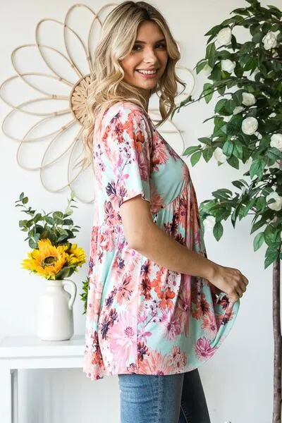Blue Zone Planet |  Heimish Full Size Floral V-Neck Short Sleeve Babydoll Blouse