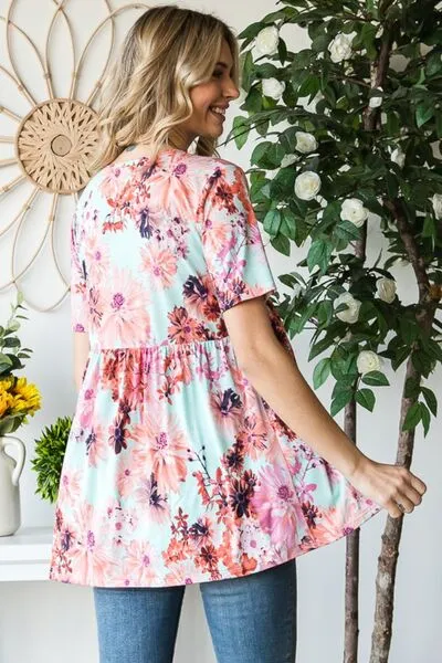 Blue Zone Planet |  Heimish Full Size Floral V-Neck Short Sleeve Babydoll Blouse