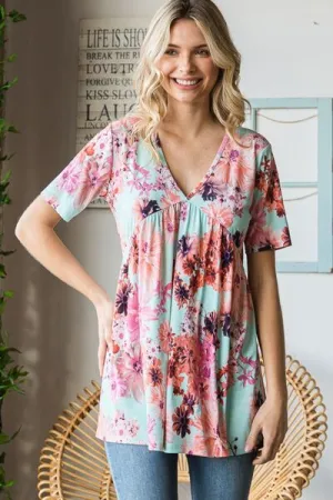 Blue Zone Planet |  Heimish Full Size Floral V-Neck Short Sleeve Babydoll Blouse