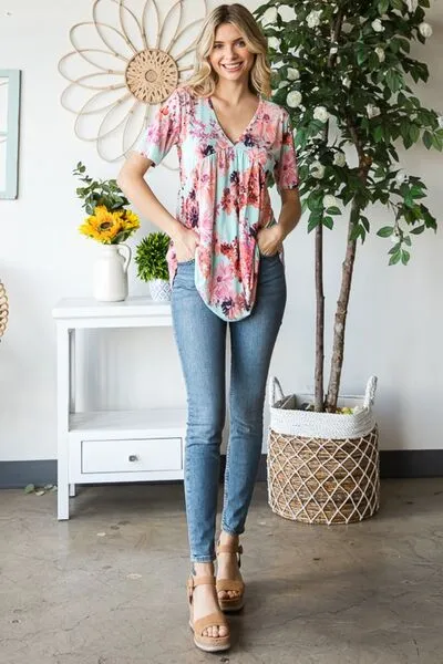 Blue Zone Planet |  Heimish Full Size Floral V-Neck Short Sleeve Babydoll Blouse