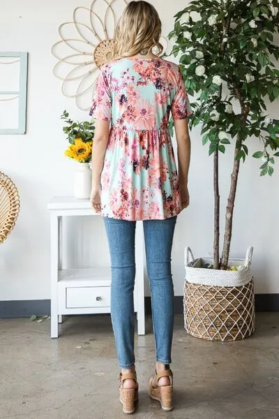 Blue Zone Planet |  Heimish Full Size Floral V-Neck Short Sleeve Babydoll Blouse