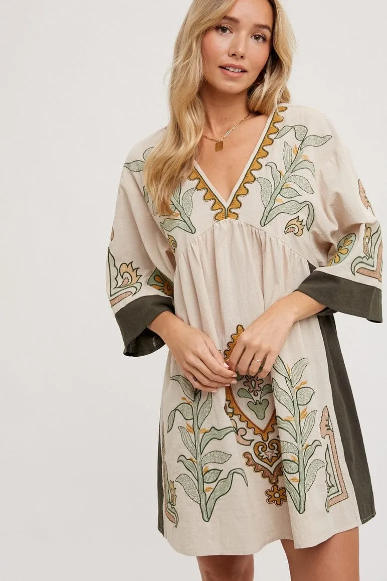 Bluivy Boho Embroidered Babydoll Dress, Sage