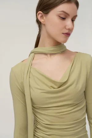 Casual Long Sleeve Cowl-Neck Base Layer With Neck Scarf