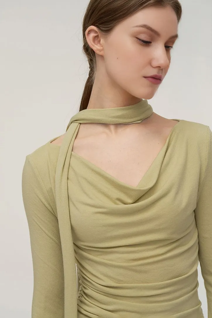 Casual Long Sleeve Cowl-Neck Base Layer With Neck Scarf