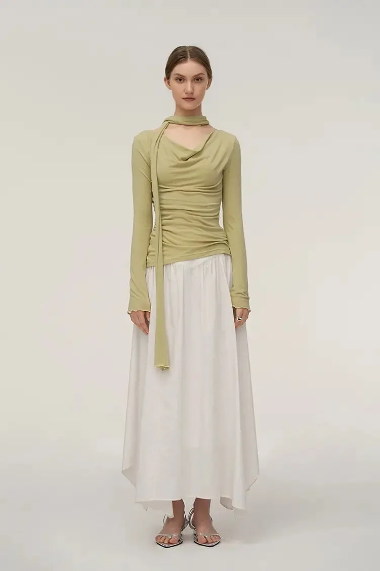 Casual Long Sleeve Cowl-Neck Base Layer With Neck Scarf