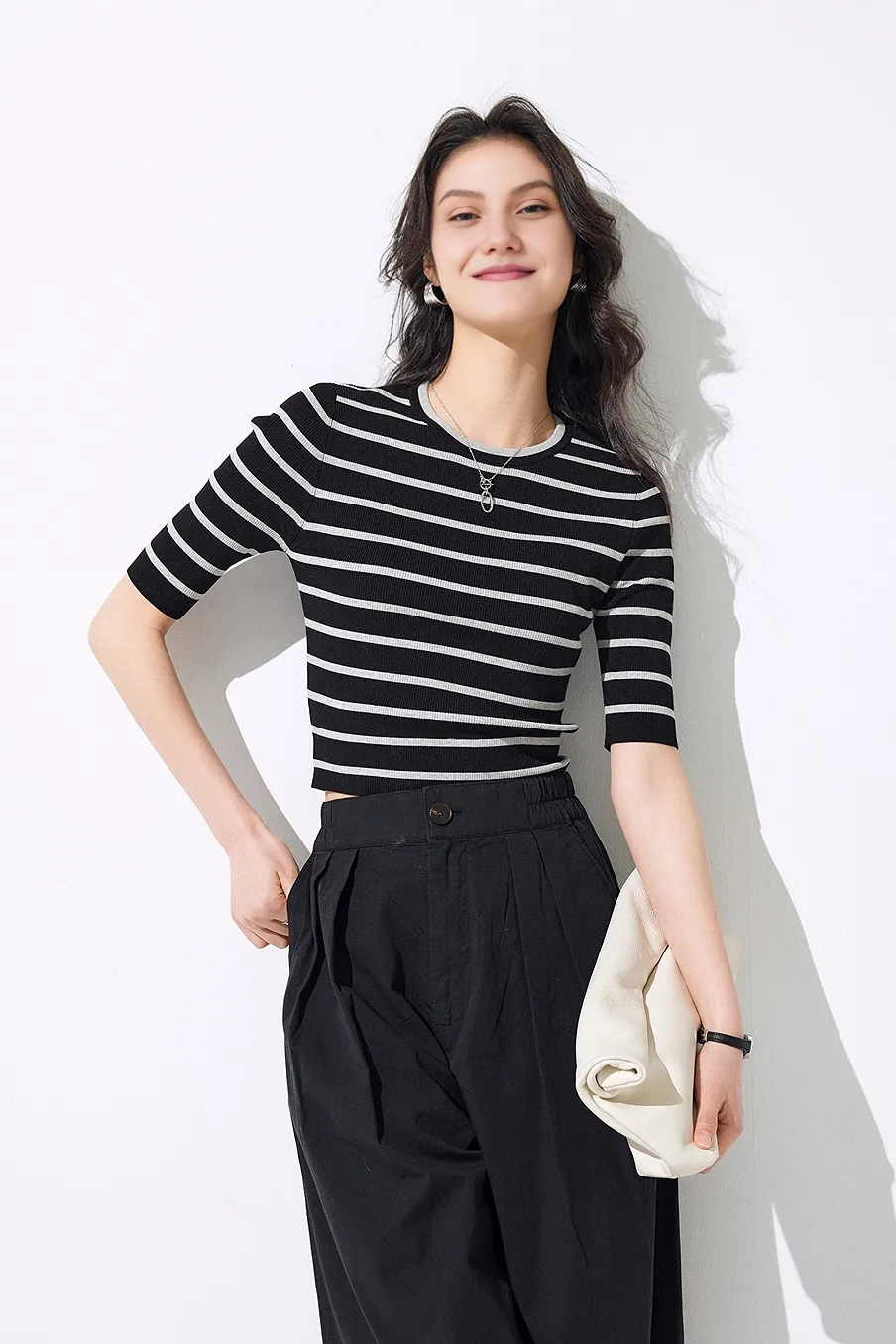 Classic Crewneck Cropped Knit Striped Sweater