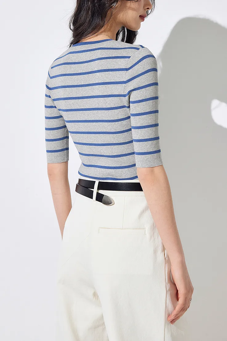 Classic Crewneck Cropped Knit Striped Sweater
