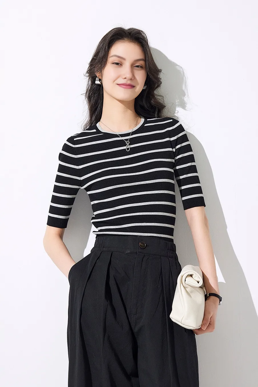 Classic Crewneck Cropped Knit Striped Sweater