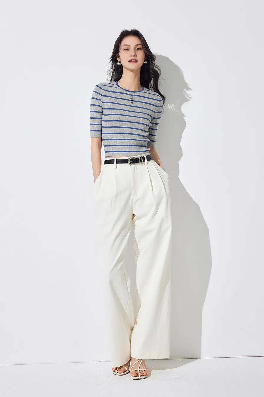 Classic Crewneck Cropped Knit Striped Sweater