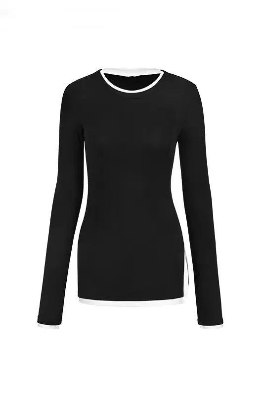 Crewneck Contrast Binding Ribbed Long Sleeve T-Shirt