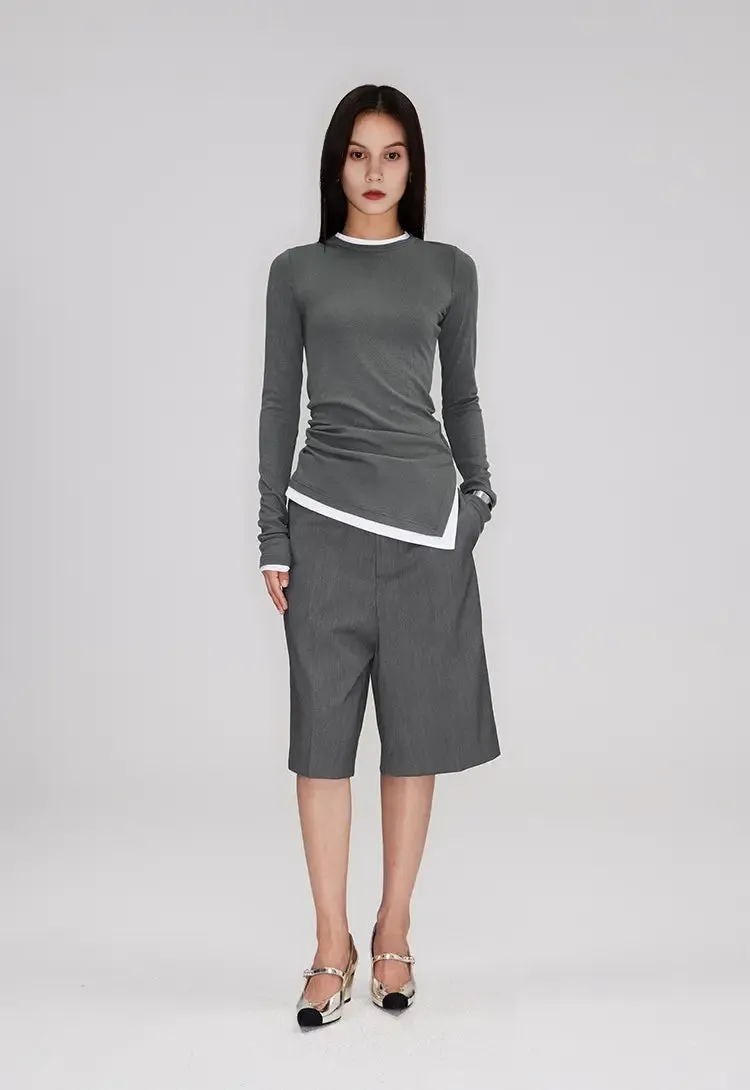 Crewneck Contrast Binding Ribbed Long Sleeve T-Shirt