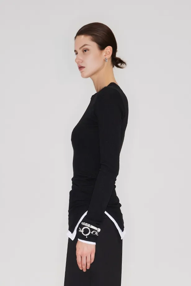 Crewneck Contrast Binding Ribbed Long Sleeve T-Shirt