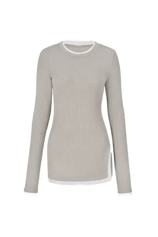 Crewneck Contrast Binding Ribbed Long Sleeve T-Shirt