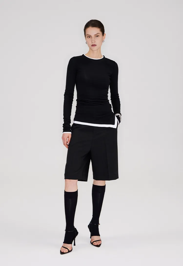 Crewneck Contrast Binding Ribbed Long Sleeve T-Shirt