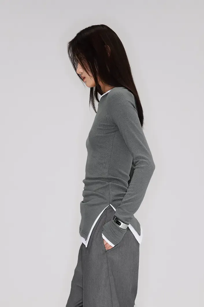 Crewneck Contrast Binding Ribbed Long Sleeve T-Shirt