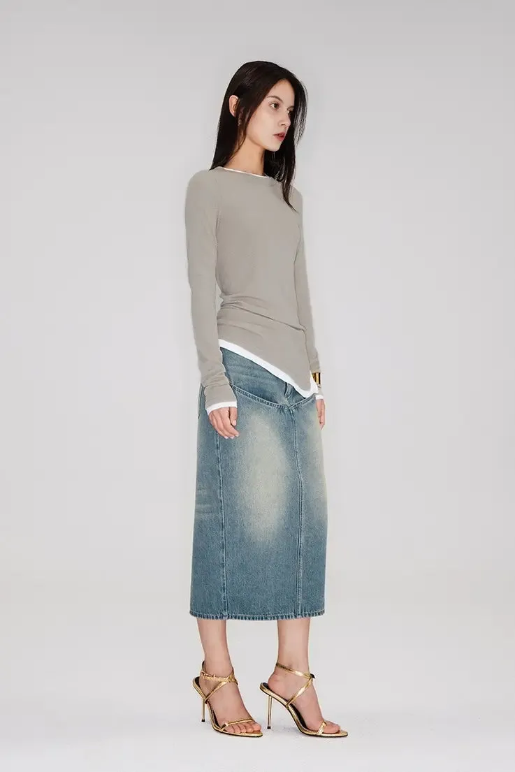 Crewneck Contrast Binding Ribbed Long Sleeve T-Shirt
