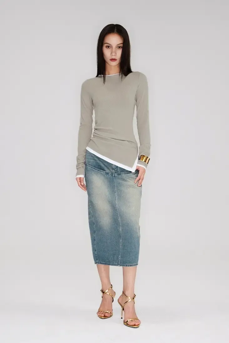 Crewneck Contrast Binding Ribbed Long Sleeve T-Shirt