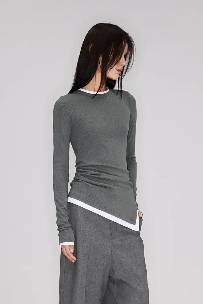Crewneck Contrast Binding Ribbed Long Sleeve T-Shirt