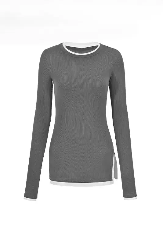 Crewneck Contrast Binding Ribbed Long Sleeve T-Shirt
