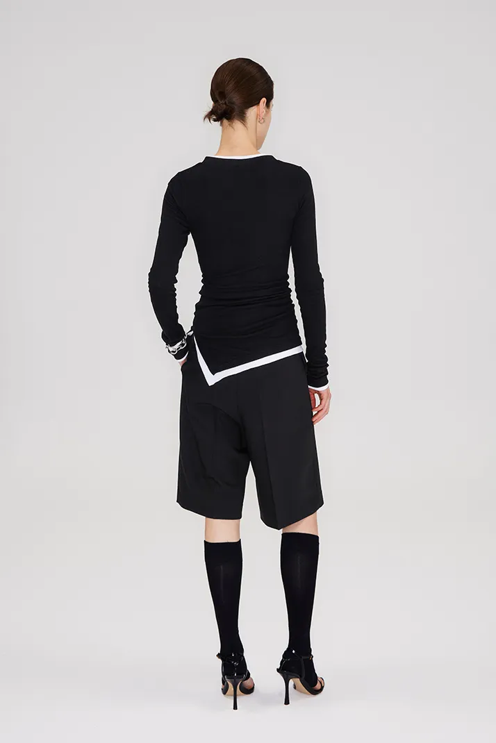 Crewneck Contrast Binding Ribbed Long Sleeve T-Shirt