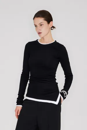 Crewneck Contrast Binding Ribbed Long Sleeve T-Shirt