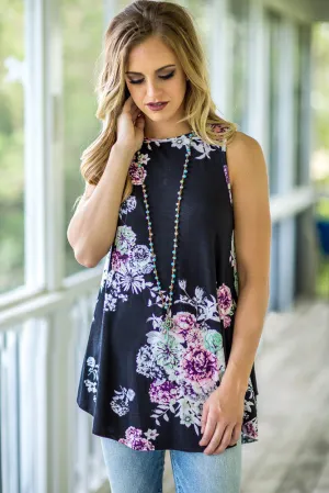Floral Print High Neck Tank Top (Curvy)