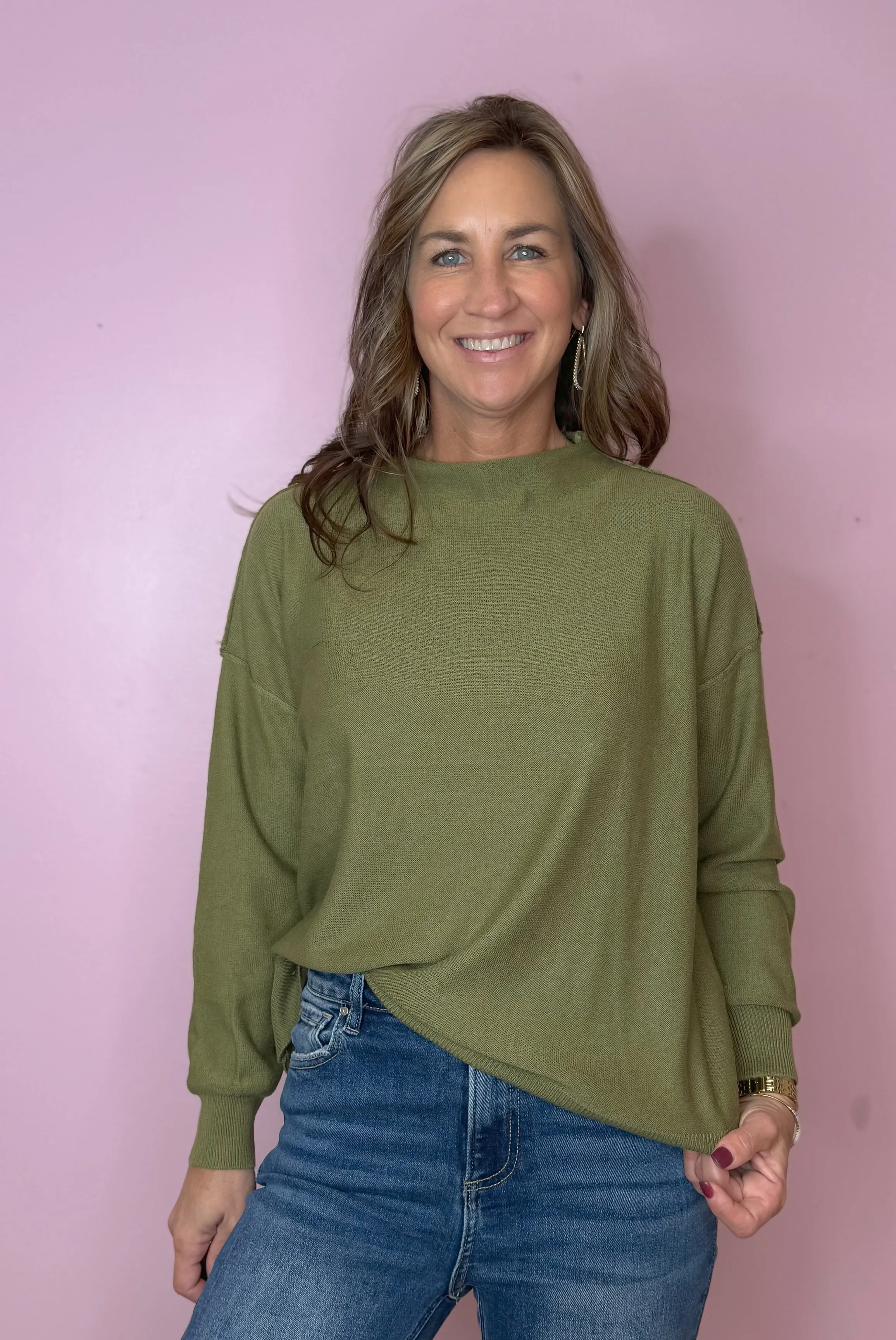Got Your Attention Moss Mock Neck Oversized Drop Shoulder Sweater Top