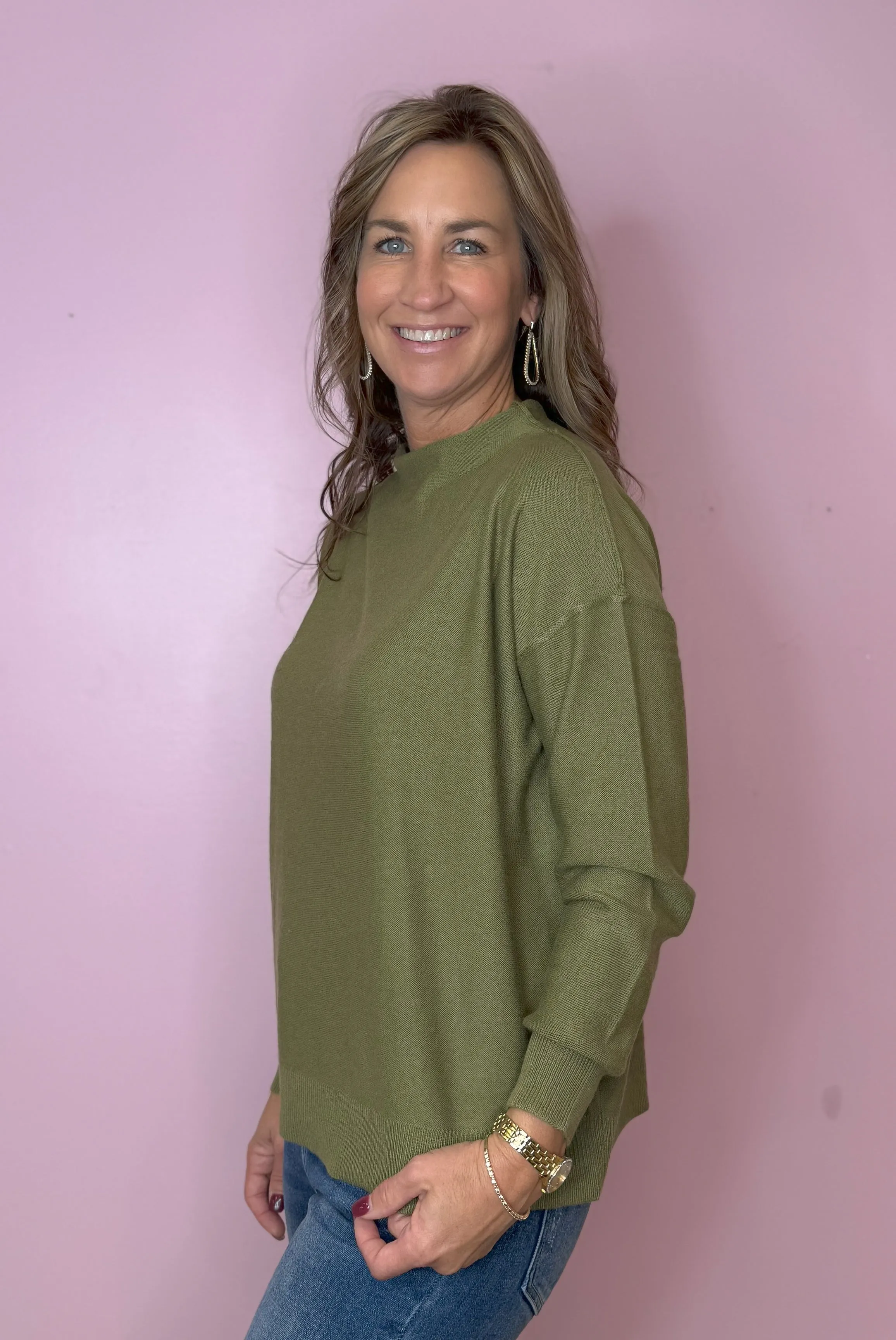 Got Your Attention Moss Mock Neck Oversized Drop Shoulder Sweater Top
