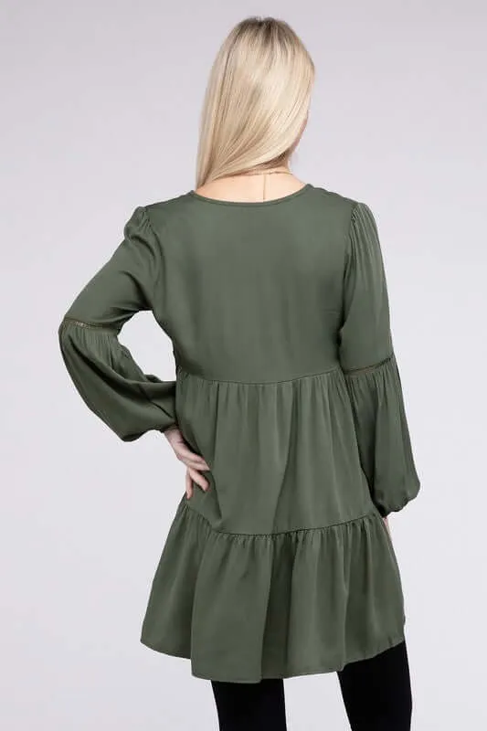 Green V Neck Babydoll Tiered Dress Tunic