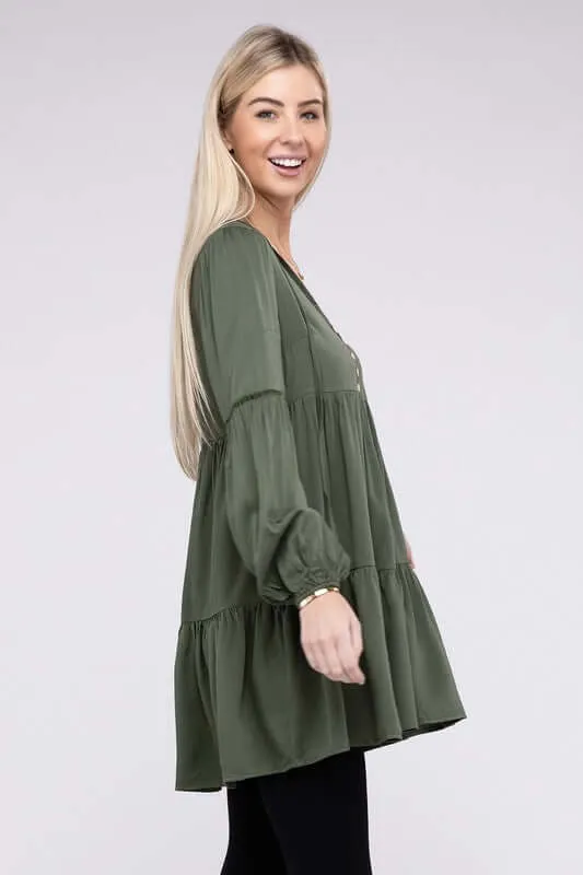 Green V Neck Babydoll Tiered Dress Tunic