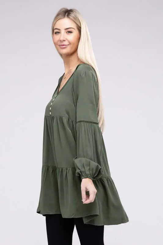 Green V Neck Babydoll Tiered Dress Tunic