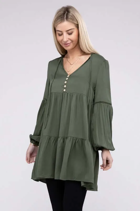 Green V Neck Babydoll Tiered Dress Tunic