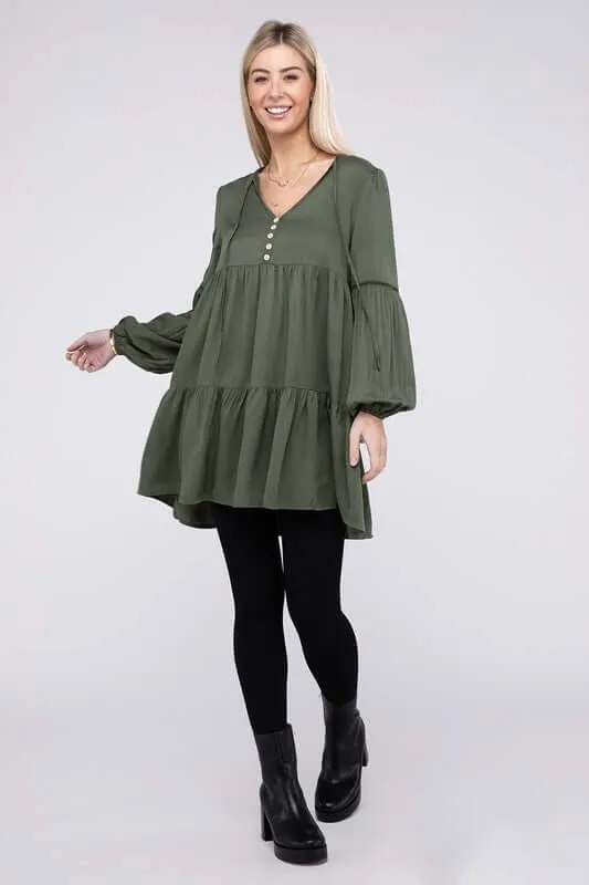 Green V Neck Babydoll Tiered Dress Tunic