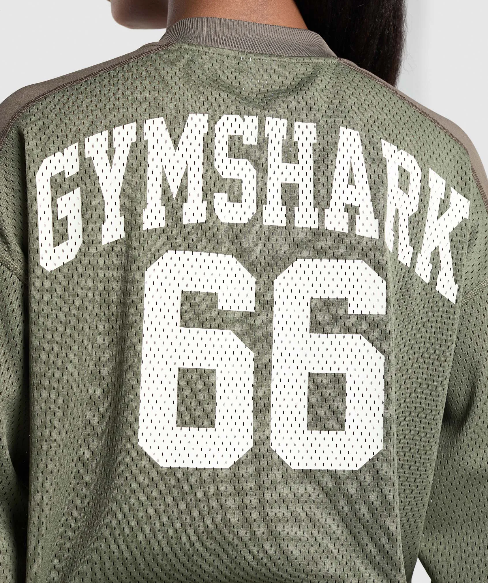 Gymshark Mesh Long Sleeve Varsity Top - Base Green/Camo Brown
