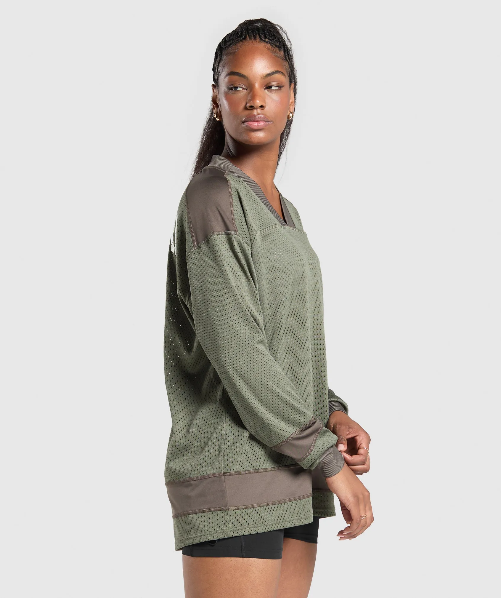 Gymshark Mesh Long Sleeve Varsity Top - Base Green/Camo Brown