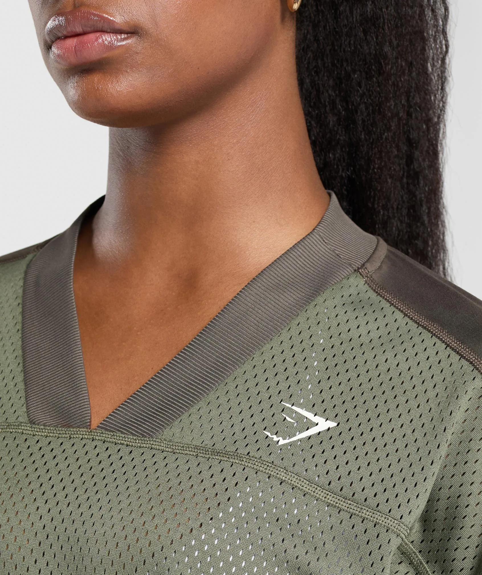 Gymshark Mesh Long Sleeve Varsity Top - Base Green/Camo Brown