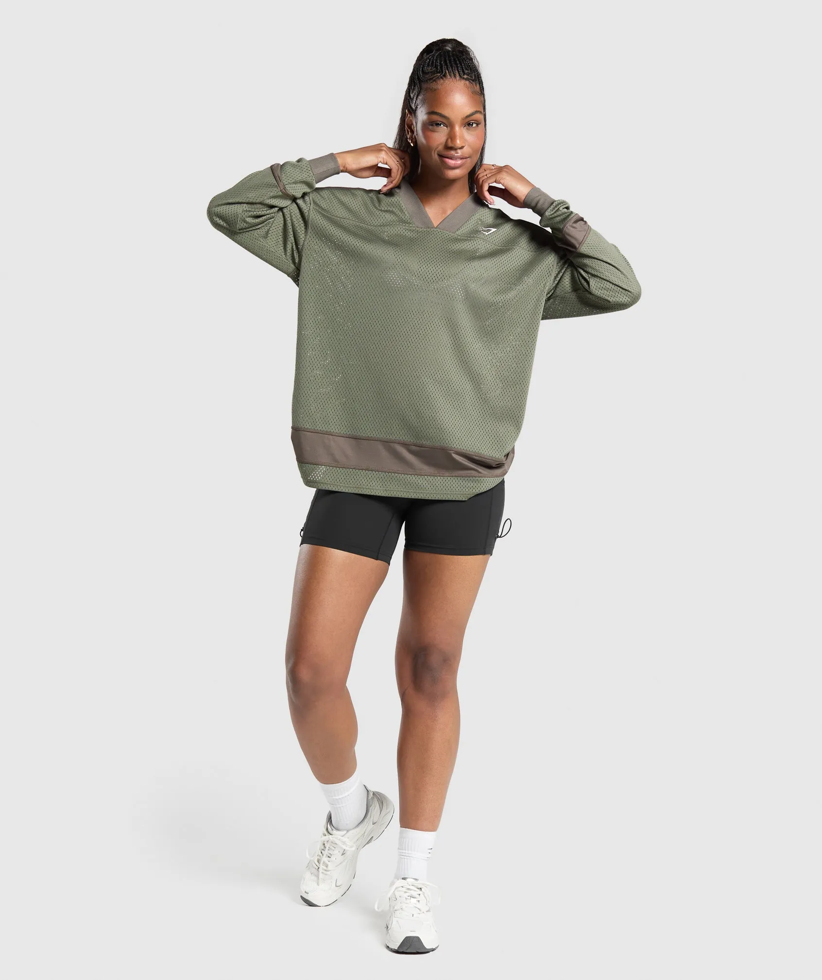 Gymshark Mesh Long Sleeve Varsity Top - Base Green/Camo Brown
