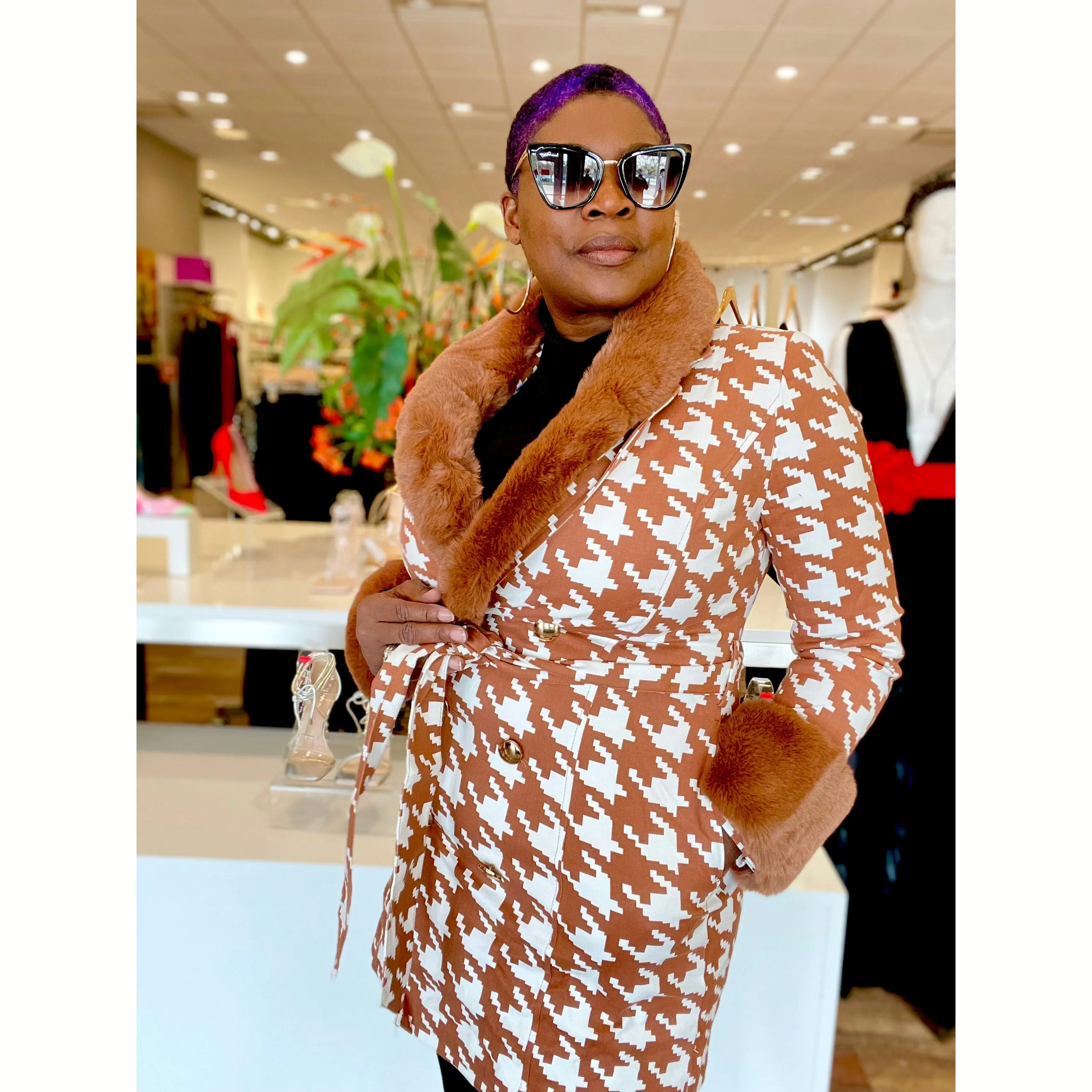 Houndstooth Fur Collar Jacket - Brown